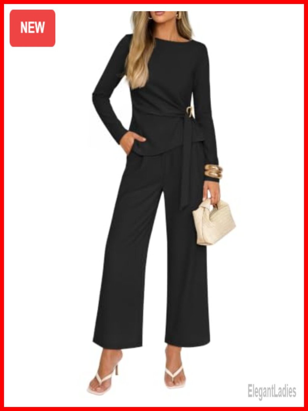 2 Piece Dressy Pant Set Boat Neck Long Sleeve Wide Leg Work Office